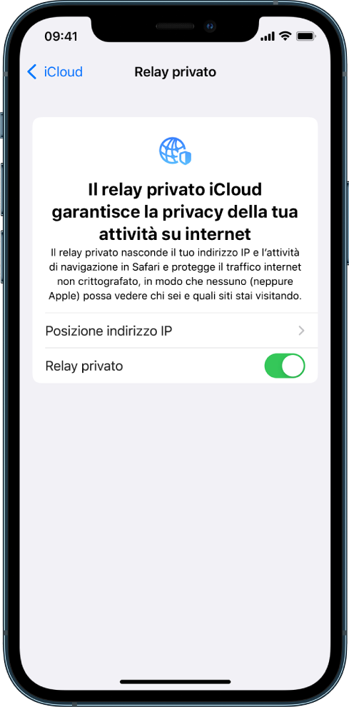 La schermata di Impostazioni per attivare o disattivare il relay privato.