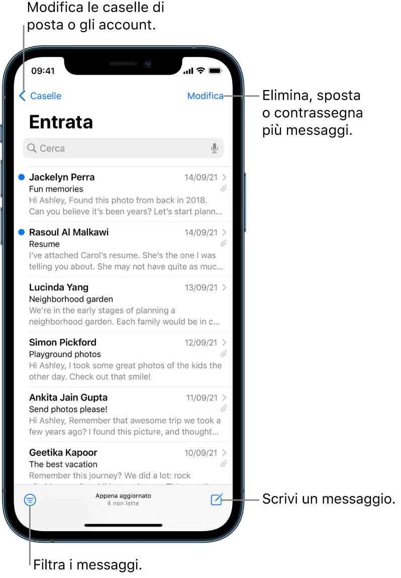 La casella Entrata che mostra un elenco di e-mail. Nell'angolo in alto a sinistra è presente il pulsante Caselle per passare da una casella all'altra. Il pulsante Modifica per eliminare, spostare o contrassegnare le e-mail si trova nell'angolo in alto a destra. Il pulsante per filtrare le e-mail e mostrarne solo alcuni tipi è nell'angolo in basso a sinistra. Il pulsante per comporre una nuova e-mail si trova nell'angolo in basso a destra.