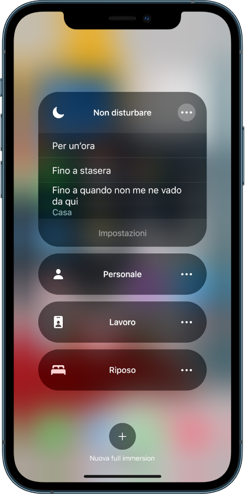 La schermata per scegliere per quanto tempo lasciare attivo “Non disturbare”. Le opzioni sono “Per un'ora”, “Fino a stasera”, “Fino a quando non me ne vado da qui”.