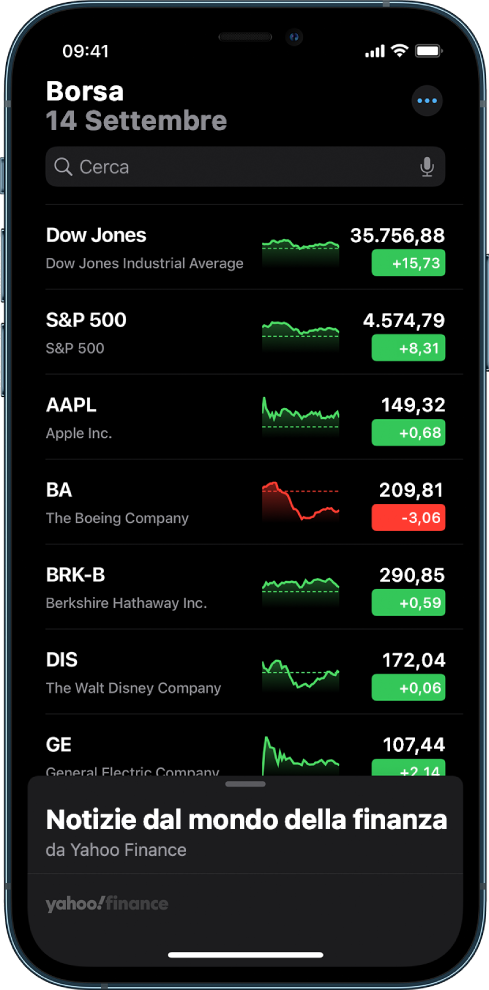 Una watchlist con un elenco di diverse azioni. Ciascuna azione nell'elenco visualizza, da sinistra a destra, il simbolo e il nome dell'azione, un grafico delle prestazioni, il prezzo dell'azione e le modifiche di prezzo. Nella parte superiore dello schermo, sopra la watchlist, viene visualizzato il campo di ricerca. Sotto la watchlist viene visualizzato “Notizie dal mondo della finanza”. Scorri verso l'alto su “Notizie dal mondo della finanza” per visualizzare le storie.