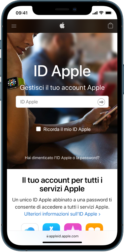 La schermata di Safari per accedere all'account dell'ID Apple.