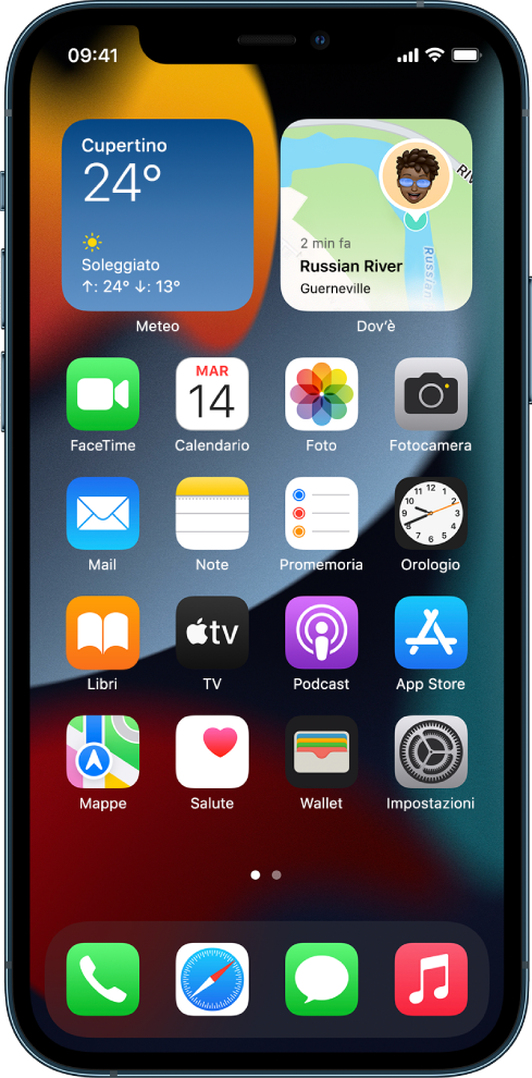 La schermata Home di iPhone con la modalità scura attiva.
