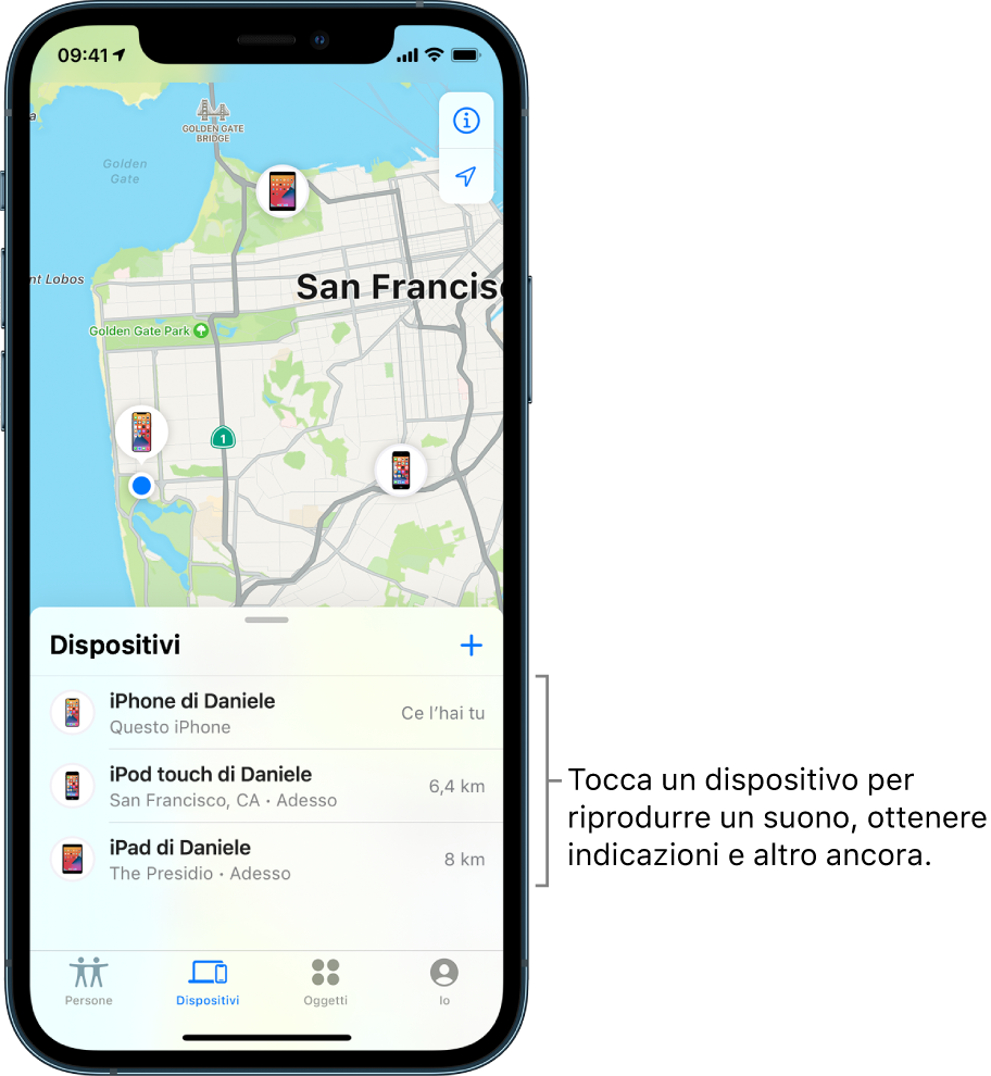 La schermata di Dov'è aperta sull'elenco Dispositivi. Nell'elenco sono visibili tre dispositivi: iPhone di Daniele, iPod touch di Daniele e iPad di Daniele. Le loro posizioni sono mostrate su una mappa di San Francisco.