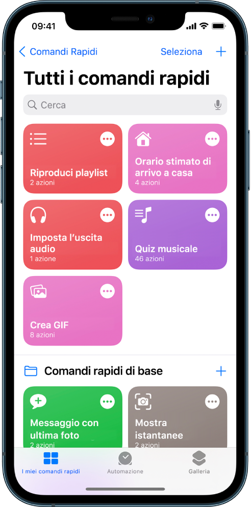 Il pannello “I miei comandi rapidi”. Sono visibili dei comandi rapidi per completare attività comuni quotidiane come impostare un timer per il tè e trovare un ristorante di sushi. In basso sono presenti i pannelli Automazione e Galleria.