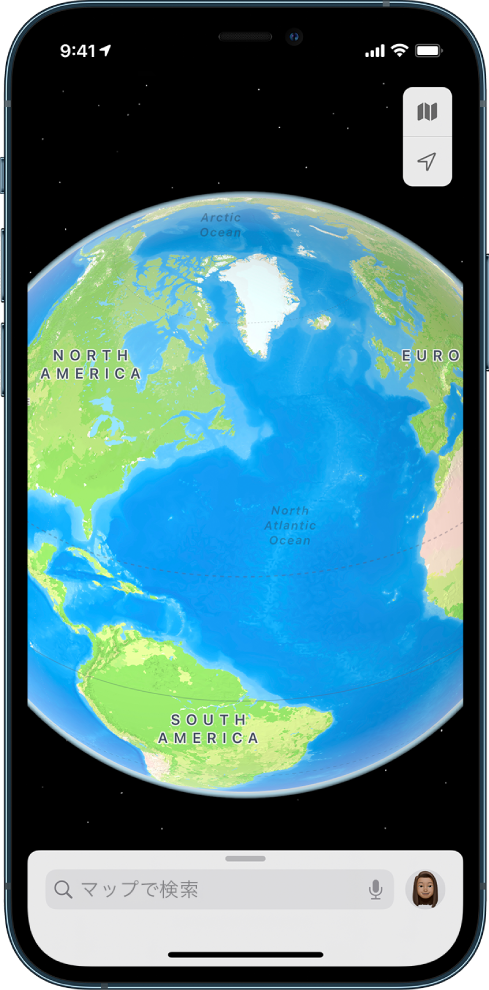 宇宙から見た球体としての地球の3Dイメージ。3つの大陸と2つの大洋を識別するラベルが付いています。