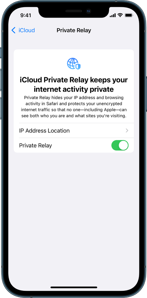 Private Relay параметрін қосуға немесе өшіруге арналған Settings экраны.