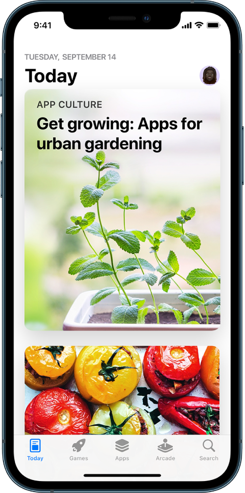 Дайын мақала мен қолданбаны көрсетіп тұрған App Store қызметіндегі Today экраны. Профайл суретіңіз жоғарғы оң жақта орналасқан. Төменде солдан оңға қарай — Today, Games, Apps, Arcade және Search қойындылары.