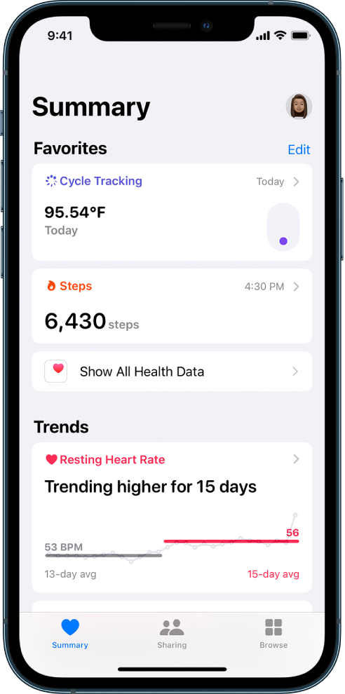 Favorites тізімінің төменгі жағында Cycle Tracking және Steps түймелерін, ал Trends тізімінің төменгі жағында Resting Heart Rate түймесін көрсетіп тұрған Summary экраны.