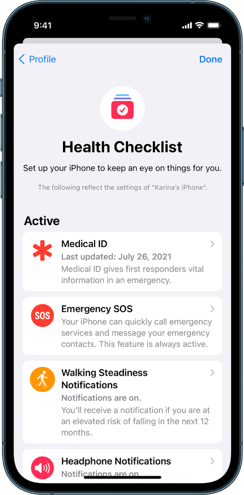 Medical ID және Emergency SOS параметрлерінің белсенді екенін көрсетіп тұрған Health Checklist экраны.