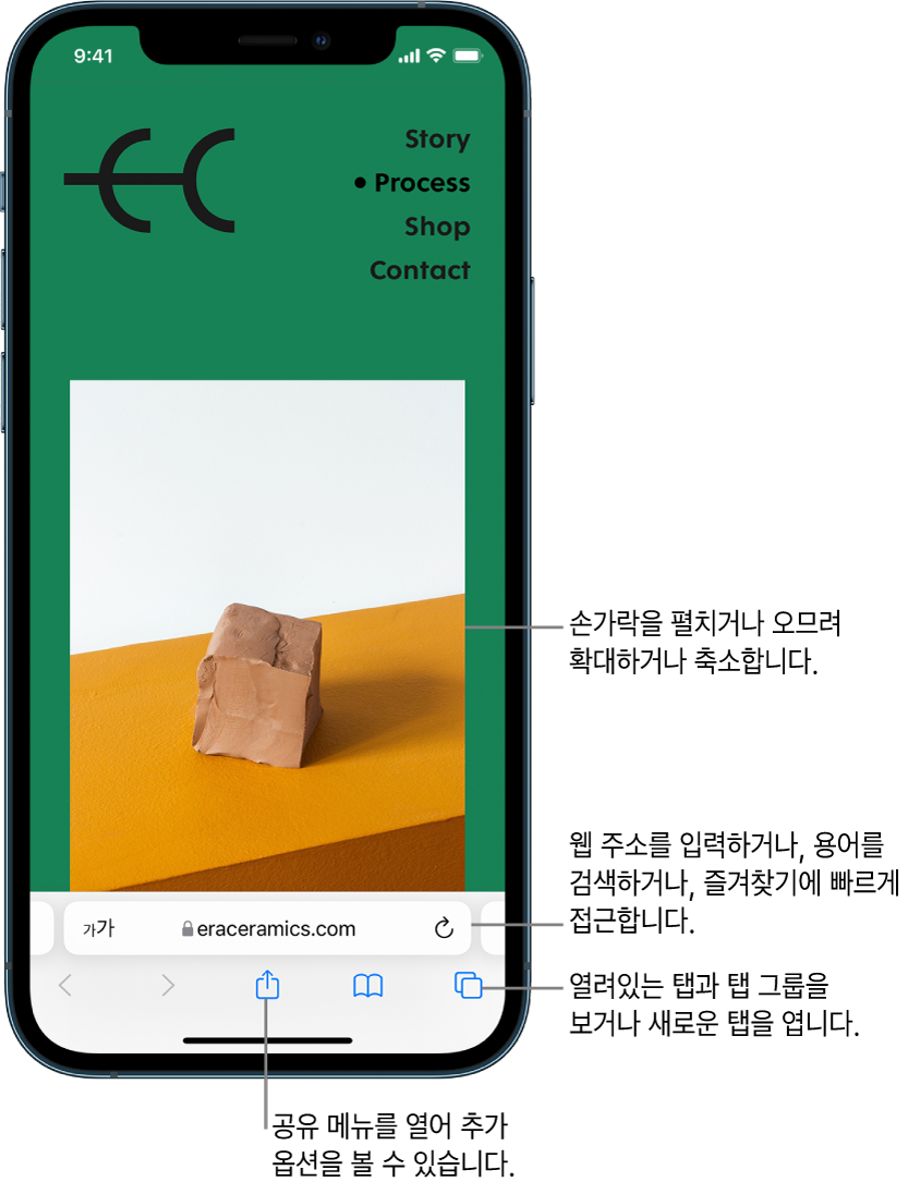 Safari에 웹 사이트가 열려 있으며 하단에 주소 필드가 있음. 화면 하단의 왼쪽에서 오른쪽으로 뒤로, 앞으로, 공유, 책갈피 및 탭 버튼이 있음.