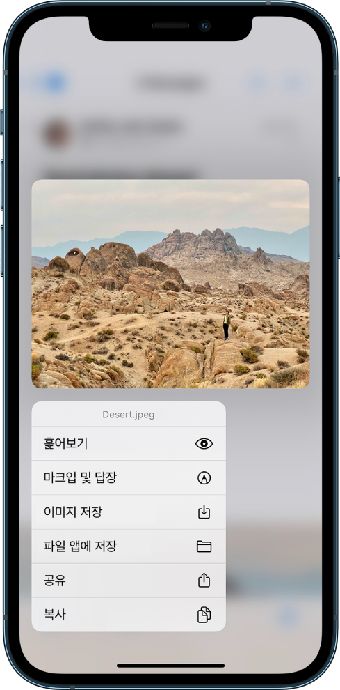 이메일 첨부 파일이 선택되어 있고 가능한 동작이 나열됨. 옵션에는 훑어보기, 마크업 및 답장, 이미지 저장, 파일 앱에 저장, 공유 및 복사가 있음.
