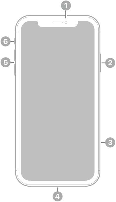 iPhone XR의 전면. 상단 중앙에 전면 카메라가 있음. 오른쪽에는 위에서 아래로 측면 버튼과 SIM 트레이가 있음. 하단에 Lightning 커넥터가 있음. 왼쪽에는 아래에서 위로 음량 버튼 및 벨소리/무음 스위치가 있음.