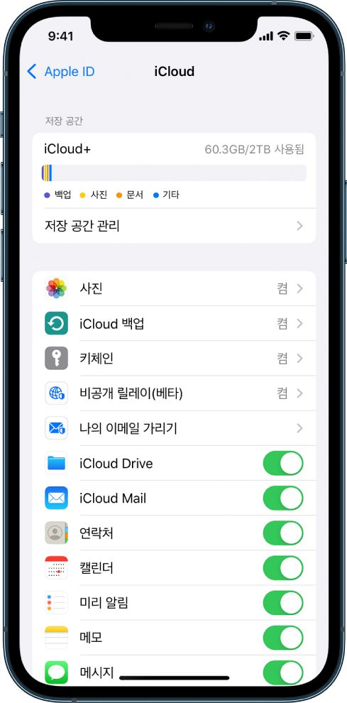 iCloud 저장 공간 표시기 및 iCloud로 사용할 수 있는 Mail, 연락처, 메시지 등의 앱과 기능 목록을 표시하는 iCloud 설정 화면.