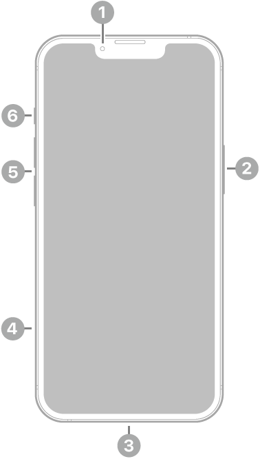iPhone 13의 전면. 상단 중앙에 전면 카메라가 있음. 오른쪽에 측면 버튼이 있음. 하단에 Lightning 커넥터가 있음. 왼쪽에는 아래에서 위로 SIM 트레이, 음량 버튼 및 벨소리/무음 스위치가 있음.
