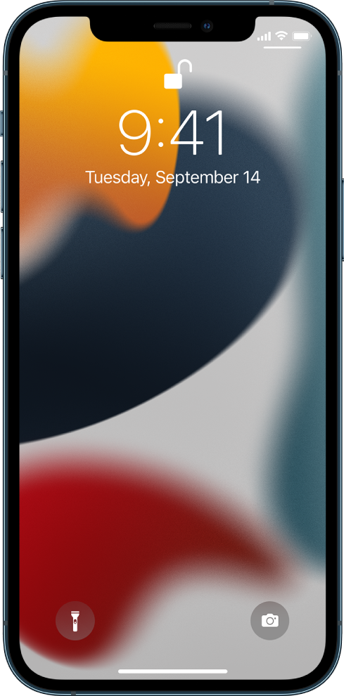 „iPhone“ užrakinimo ekranas, kuriame rodomi laikas ir data.