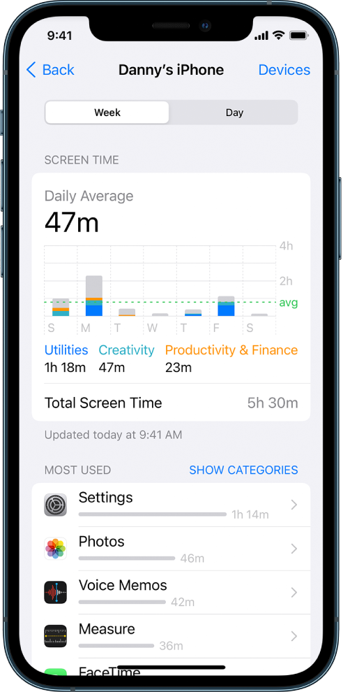 „Screen Time“ savaitės ataskaita, nurodanti bendrą programų naudojimo laiką ir laiką pagal kategoriją bei programą.