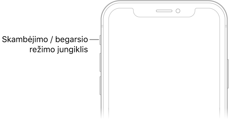 Viršutinė „iPhone“ priekio dalis, kurios viršuje kairėje, virš garsumo mygtukų rodomas jungiklis „Ring/Silent“.