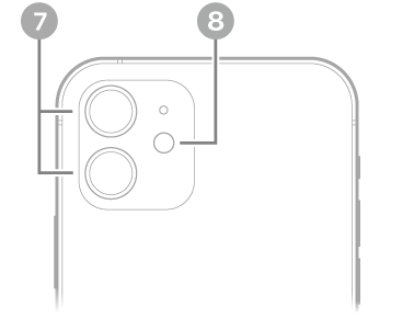„iPhone 12“ vaizdas iš galo. Galiniai fotoaparatai ir blykstė yra viršuje kairėje.