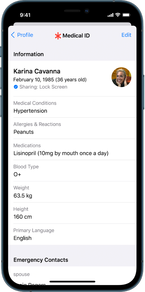 „Medical ID“ ekranas, kuriame yra informacija apie gimimo datą, sveikatos būklę, vartojamus vaistus ir kontaktinį asmenį nelaimės atveju.