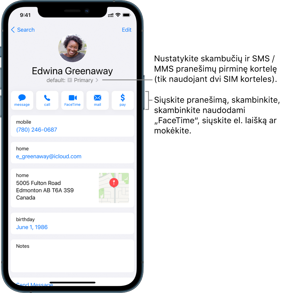Adresato informacijos ekranas. Viršuje yra adresato nuotrauka ir vardas. Apačioje nurodyti mygtukai, skirti siųsti žinutę, skambinti, skambinti „FaceTime“, siųsti el. laišką ir siųsti pinigų programa „Apple Pay“. Po mygtukais pateikiama kontaktinė informacija.
