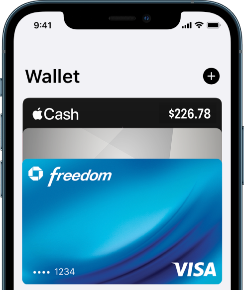 Viršutinė „Wallet“ ekrano pusė, kurioje rodomos kelios kredito ir debeto kortelės. Mygtukas „Add“ yra viršutiniame dešiniajame kampe.