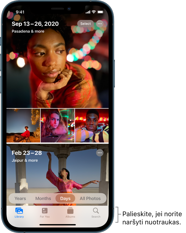 Dienų rodinyje rodoma nuotraukų biblioteka. Ekraną užpildo pasirinktos nuotraukų miniatiūrų rinkinys. Ekrano viršutiniame kairiajame kampe rodoma nuotraukos padarymo data ir vieta. Viršutiniame dešiniajame kampe rodomi pasirinkimo ir papildomų parinkčių mygtukai, naudojami nuotraukoms bendrinti ir išsamiai informacijai rodyti. Žemiau miniatiūrų pateikiamos nuotraukų bibliotekos rodymo pagal metus, mėnesius, dienas ir visų nuotraukų parinktys. Apačioje išdėstyti bibliotekos, jums skirtų nuotraukų, albumų ir paieškos mygtukai.