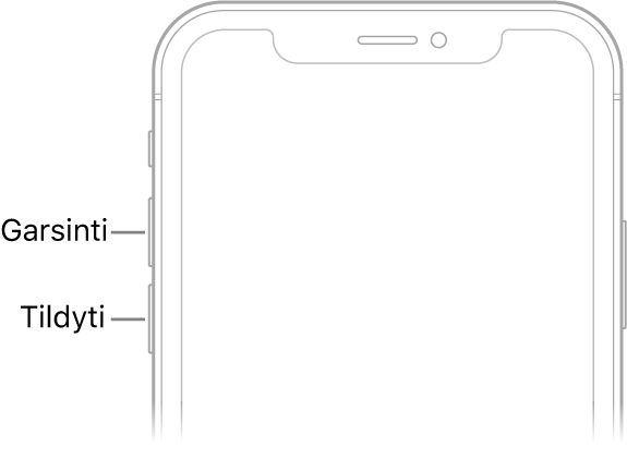 Viršutinė priekinė „iPhone“ dalis su garsinimo bei tylinimo mygtukais viršuje kairėje.