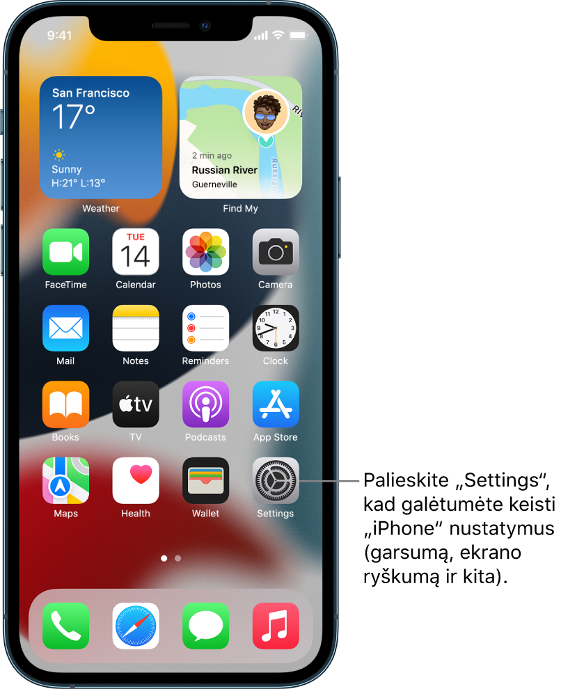 Pradžios ekranas su keliomis programų piktogramomis, įskaitant programos „Settings“ piktogramą, kurią palietę galite keisti „iPhone“ garsumą, ekrano ryškumą ir kt.