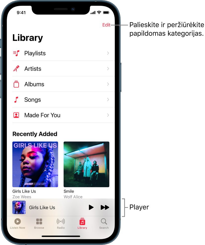 „Library“ ekranas, rodantis kategorijų sąrašą, įskaitant „Playlists“, „Artists“, „Albums“ ir „Songs“. „Recently Added“ antraštė rodoma po sąrašu. Apačioje atsiranda dabartinės dainos pavadinimą rodantis leistuvas ir mygtukai „Play“ bei „Next“.