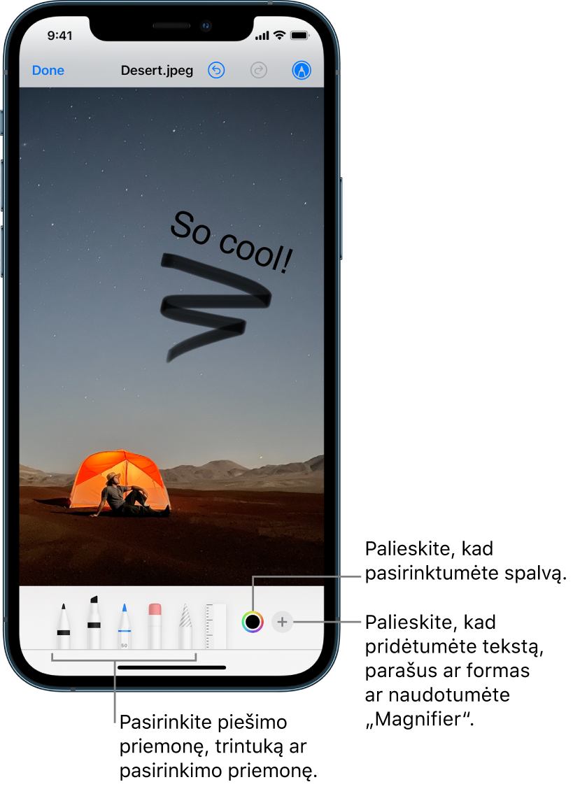 Vaizdas, redaguojamas naudojant „Markup“. Po vaizdu iš kairės į dešinę yra mygtukas „Markup“ įrankiams: rašikliai piešti, trintukas, žymėjimo įrankis, spalvos ir mygtukai teksto laukeliui pridėti, jūsų parašas ir formos bei mygtukas, skirtas pasirinkti „Magnifier“.