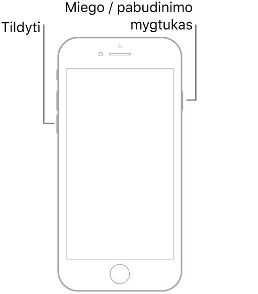 „iPhone 7“ iliustracija su į viršų nukreiptu ekranu. Tildymo mygtukas parodytas kairėje įrenginio pusėje, o miego / pažadinimo mygtukas parodytas dešinėje.