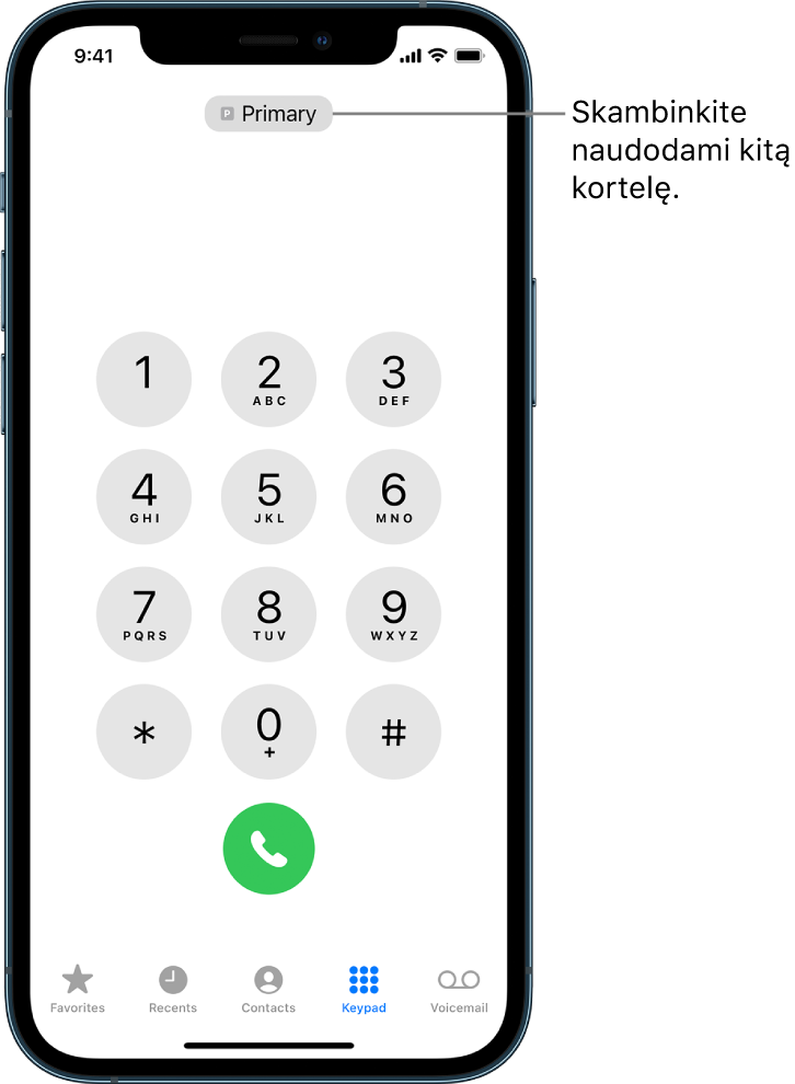 „Phone“ klaviatūra. Ekrano apačioje pateikti skirtukai (iš kairės į dešinę): „Favorites“, „Recents“, „Contacts“, „Keypad“ ir „Voicemail“.