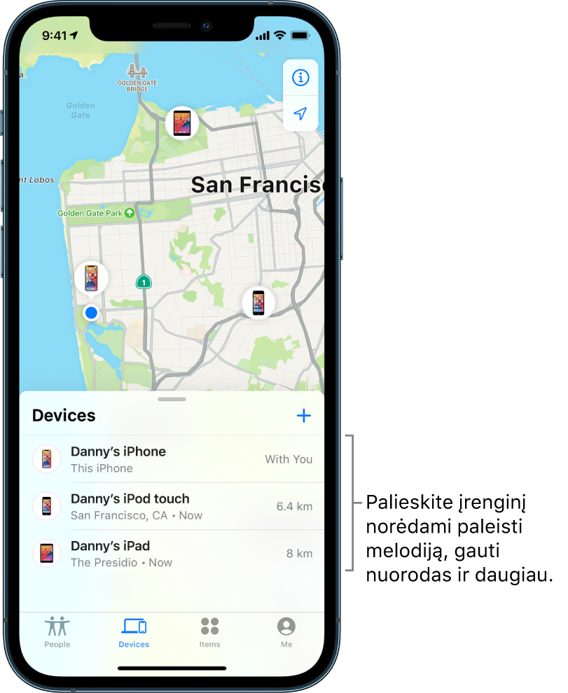 „Find My“ ekranas, atidarytas sąrašas „Devices“. Sąraše „Devices“ rodomi trys įrenginiai: „Danny’s iPhone“, „Danny’s iPod touch“ ir „Danny’s iPad“. Jų vietos rodomos San Fransisko žemėlapyje.