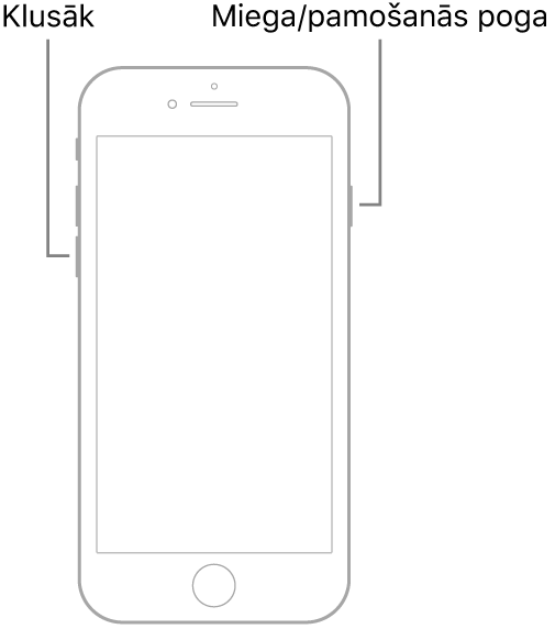 Attēls ar iPhone 7 tālruni, kuram uz augšu pavērsts ekrāns. Skaļuma samazināšanas poga atrodas ierīces kreisajā malā, bet labajā malā ir redzama miega/pamošanās poga.