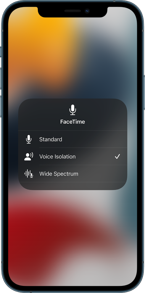 Izvēlnes Control Center Mic Mode iestatījumi FaceTime zvaniem, kur tiek attēloti audio iestatījumi Standard, Voice Isolation un Wide Spectrum.