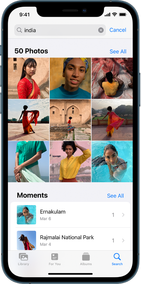 Ekrāns Search, kurā attēloti fotoattēlu ieteikumi, meklēšanas laukā ekrāna augšdaļā ievadot vārdu Indija.