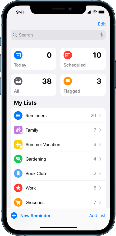 Lietotnes Reminders ekrāns, kurā redzami vairāki saraksti. Meklēšanas lauks ir virs Smart Lists saraksta ar šodien izpildāmajiem atgādinājumiem, ieplānotajiem atgādinājumiem, visiem atgādinājumiem un ar karodziņu atzīmētajiem atgādinājumiem. Apakšējā labajā stūrī ir poga Add List.