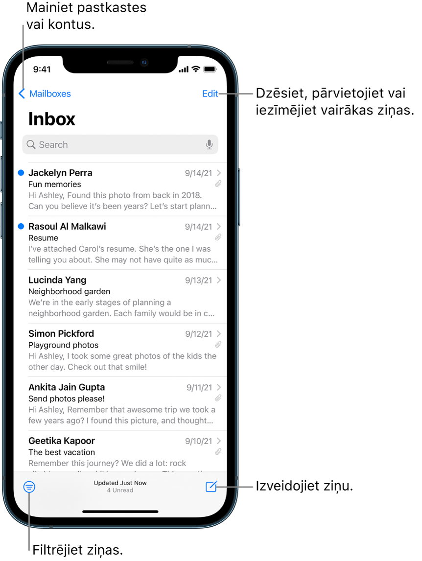 Iesūtne ar e-pasta ziņojumu sarakstu. Poga Mailboxes, kas ļauj pārslēgties uz citu pastkasti, atrodas augšējā kreisajā stūrī. Poga Edit, kas ļauj dzēst, pārvietot vai atzīmēt e-pasta ziņojumus augšējā labajā stūrī. Poga, kas ļauj filtrēt e-pasta ziņojumus, lai tiktu rādīti tikai noteikta veida e-pasta ziņojumi, atrodas apakšējā kreisajā stūrī. Poga jauna e-pasta ziņojuma izveidei augšējā labajā stūrī.