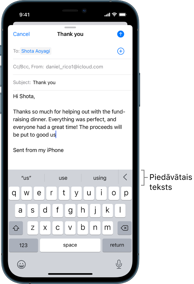 Lietotnes Mail ziņojums ar rediģējamu e-pastu un ieteikumiem nākamā vārda pabeigšanai.
