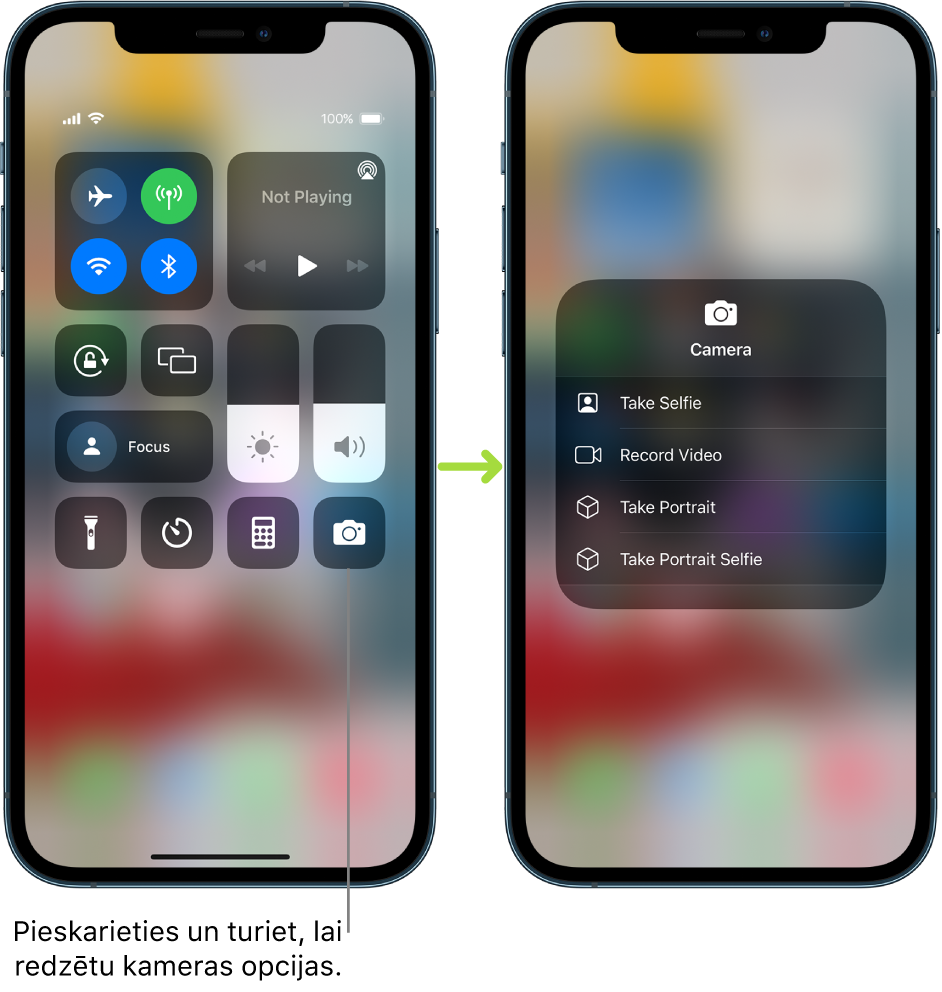 Divi blakus izvietoti Control Center ekrāni — ekrānā pa kreisi grupas augšējā kreisajā stūrī attēlotas vadīklas lidmašīnas režīmā, mobilie dati, Wi-Fi un Bluetooth. Ikona Camera ir attēlota labajā apakšējā stūrī. Ekrānā pa labi attēlotas papildu iespējas Camera ātro darbību izvēlnē: Take Selfie, Record Video, Take Portrait un Take Portrait Selfie.
