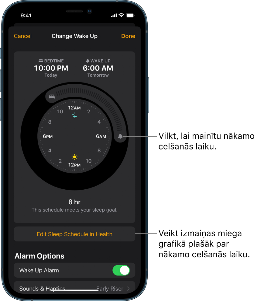 Ekrāns rītdienas modinātāja maiņai ar vilkšanas pogām, lai mainītu gulēt iešanas un pamošanās laiku, pogu, lai mainītu miega grafiku lietotnē Health, un pogu modinātāja izslēgšanai vai ieslēgšanai.