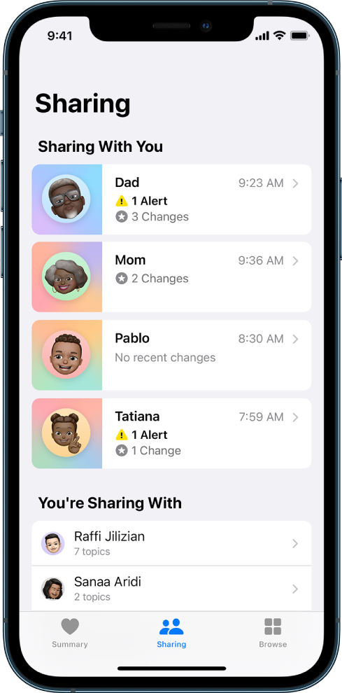Lietotnes Health ekrāns Sharing (Koplietošana). Ekrāna vidū no augšas līdz apakšai ir Sharing With You kontaktpersonu saraksts, kurā ietverta tāda informācija kā Alert, Changes un No recent changes. Zem tā atrodas You’re Sharing With kontaktpersonu saraksts. Zem katras kontaktpersonas ir norādīts ar attiecīgo kontaktpersonu koplietoto tēmu skaits. Ekrānā apakšdaļas augšējā rindā no kreisās puses uz labo ir pogas Summary, Sharing un Browse. Atlasīta funkcija Sharing.