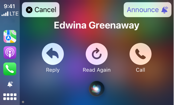 Siri funkcijā CarPlay attēlo ienākošas īsziņas opcijas Reply, Read Again un Call. Augšējā kreisajā stūrī ir poga Cancel, un augšējā labajā stūrī ir poga Announce.