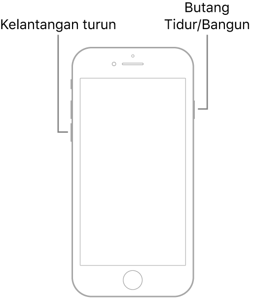 Ilustrasi iPhone 7 dengan skrin menghadap ke atas. Butang turunkan kelantangan ditunjukkan di sebelah kiri peranti dan butang Tidur/Bangun ditunjukkan di sebelah kanan.