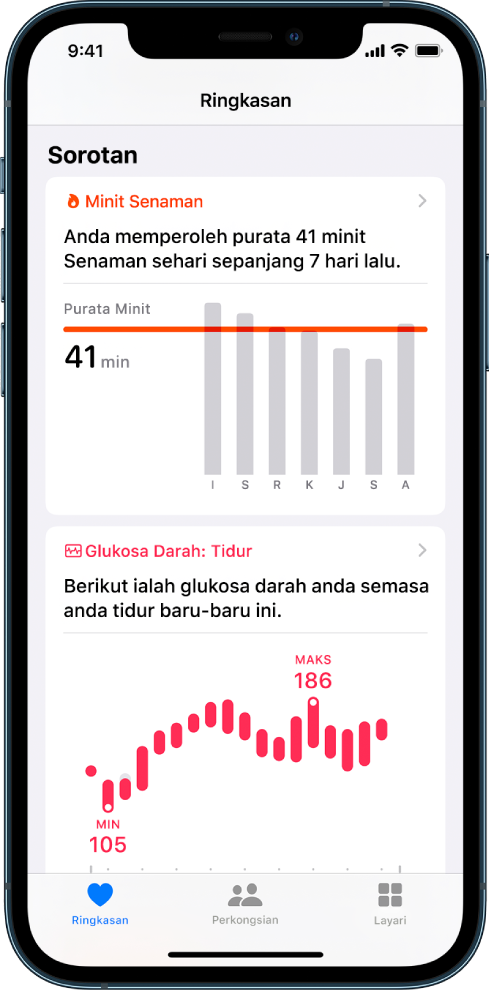 Skrin Ringkasan menunjukkan serlahan yang menyertakan minit latihan dan glukosa darah semasa tidur.