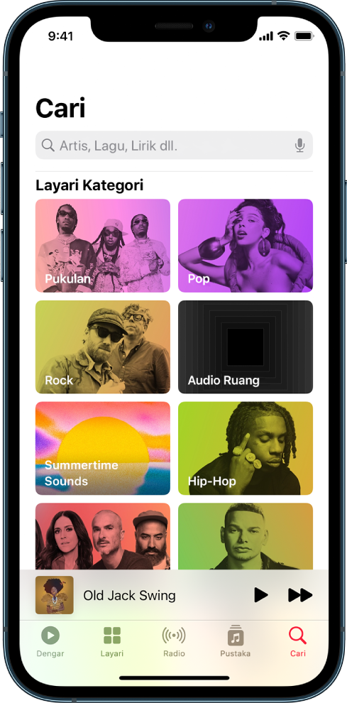Skrin carian menunjukkan medan carian di bahagian atas. Bahagian Layari Kategori di bawah menunjukkan lapan kategori.