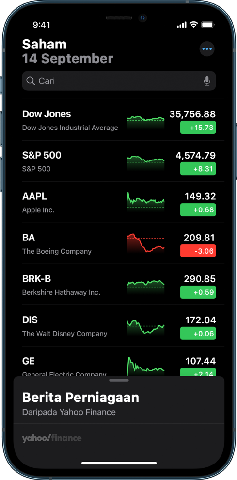 Senarai pemerhatian menunjukkan senarai saham yang berbeza. Setiap saham dalam paparan senarai, dari kiri ke kanan, simbol dan nama saham, carta prestasi, harga saham dan perubahan harga. Di bahagian atas skrin, di atas senarai pemerhatian, ialah medan carian. Di bawah senarai pemerhatian ialah Berita Perniagaan. Leret ke atas pada Berita Perniagaan untuk memaparkan cerita.