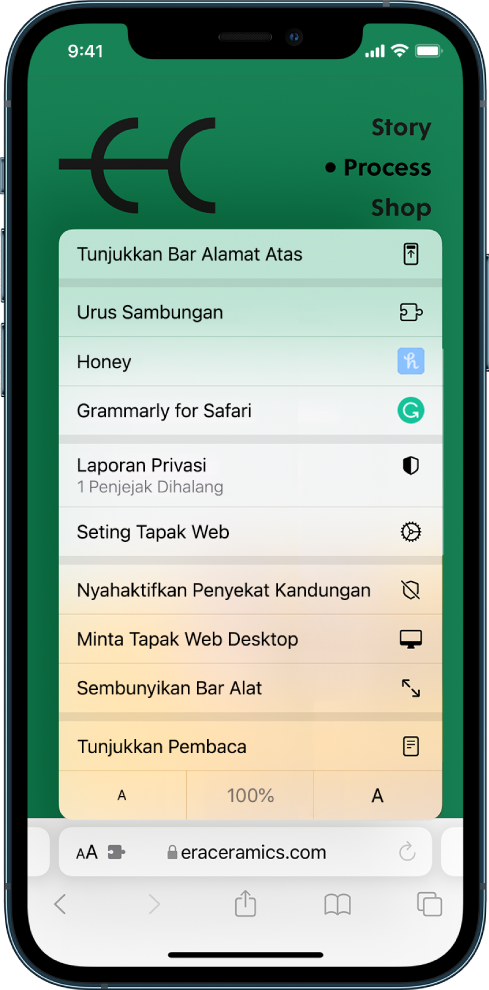 Menu Seting Halaman. Di bahagian atas ialah pilihan Tunjukkan Bar Alamat Atas. Di bawahnya ialah pilihan Urus Sambungan, diikuti sambungan yang dipasang: Honey dan Grammarly untuk Safari.