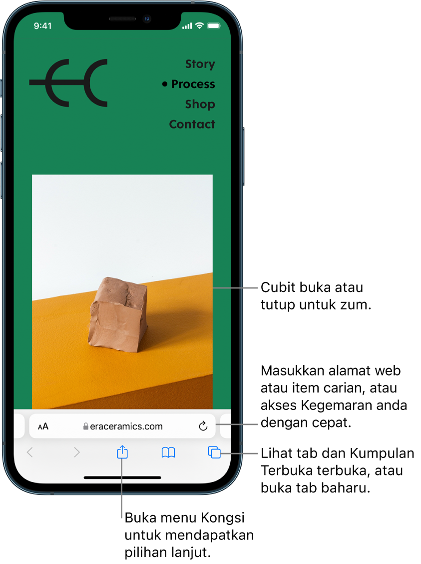 Tapak web dibuka dalam Safari, dengan medan alamat di bahagian bawah. Di bahagian bawah, dari kiri ke kanan, ialah butang Balik, Maju, Kongsi, Penanda Buku dan Tab.