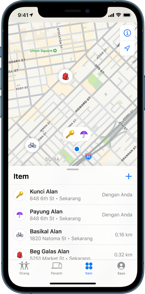 Skrin Cari terbuka pada senarai Item. Terdapat empat item dalam senarai: Kunci Alan, Payung Alan, Basikal Alan dan Beg Galas Alan. Lokasinya ditunjukkan pada peta San Francisco.